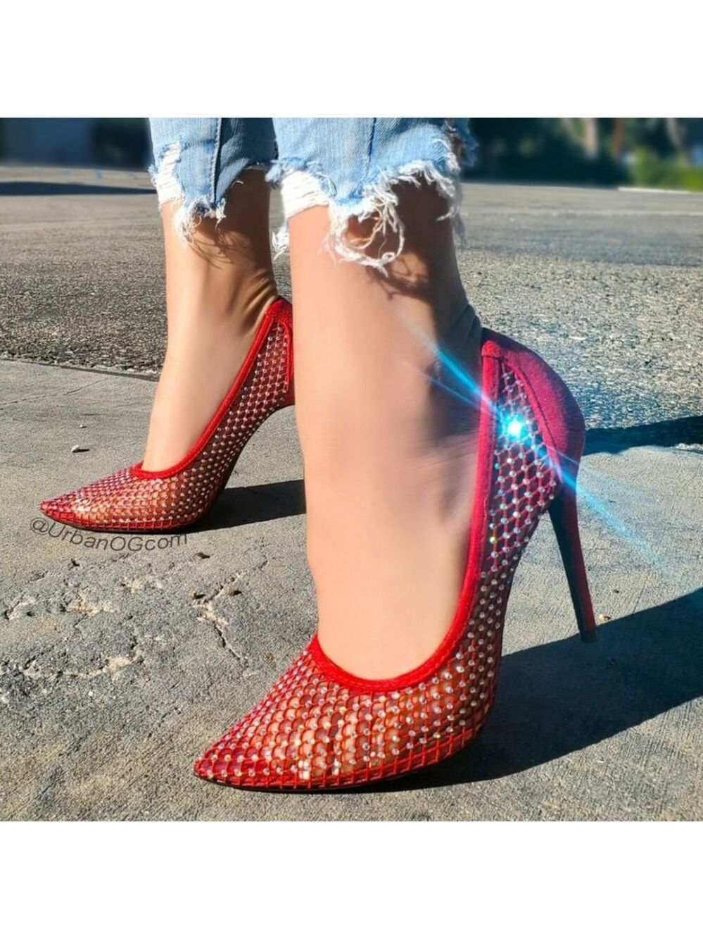 🍒last 7.5 🍓 Red  Sexy Fishnet pointed Heel